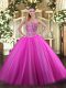 Fuchsia Ball Gowns Sweetheart Sleeveless Tulle Floor Length Lace Up Beading 15th Birthday Dress