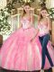 Custom Design Beading and Ruffles Quinceanera Gowns Rose Pink Lace Up Sleeveless Floor Length
