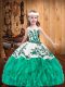 Sleeveless Floor Length Embroidery and Ruffles Lace Up Girls Pageant Dresses with Turquoise