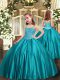 Superior Straps Sleeveless Little Girls Pageant Gowns Beading Teal Satin