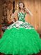 Floor Length Green 15th Birthday Dress Satin and Organza Sleeveless Embroidery and Ruffles