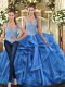 Latest Blue Ball Gowns Straps Sleeveless Tulle Floor Length Lace Up Beading and Ruffles Quinceanera Dresses