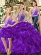 Purple Lace Up Straps Beading and Ruffles Sweet 16 Dresses Organza Sleeveless