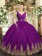 V-neck Sleeveless Sweet 16 Dresses Floor Length Beading and Appliques and Ruching Eggplant Purple Tulle