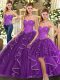 Simple Sleeveless Organza Floor Length Lace Up Sweet 16 Dresses in Eggplant Purple with Beading and Ruffles