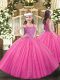 Gorgeous Floor Length Hot Pink Little Girls Pageant Gowns Tulle Sleeveless Beading