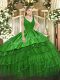 Fitting Green Ball Gowns V-neck Sleeveless Satin and Tulle Floor Length Zipper Beading and Embroidery and Ruffled Layers Quinceanera Dresses