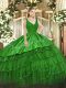 Fitting Green Ball Gowns V-neck Sleeveless Satin and Tulle Floor Length Zipper Beading and Embroidery and Ruffled Layers Quinceanera Dresses