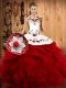 Wine Red Halter Top Neckline Embroidery and Ruffles Quinceanera Gown Sleeveless Lace Up