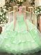 Most Popular Apple Green Organza Zipper Straps Sleeveless Floor Length Quinceanera Gowns Beading and Ruffled Layers