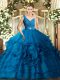 Blue Organza Backless Quinceanera Gowns Sleeveless Floor Length Beading and Ruffles