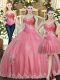 Inexpensive Sweetheart Sleeveless Quinceanera Dress Floor Length Beading and Appliques Rose Pink Tulle