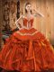 Exceptional Rust Red Ball Gowns Satin and Organza Sweetheart Sleeveless Embroidery and Ruffles Floor Length Lace Up Sweet 16 Dress