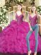 Floor Length Fuchsia Quince Ball Gowns V-neck Sleeveless Lace Up