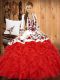 Beautiful Red Sleeveless Tulle Lace Up Quinceanera Dresses for Military Ball and Sweet 16 and Quinceanera