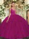 Fuchsia Ball Gowns V-neck Sleeveless Organza Floor Length Backless Ruffles Sweet 16 Quinceanera Dress