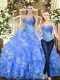 Suitable Sleeveless Tulle Floor Length Lace Up 15th Birthday Dress in Baby Blue with Beading and Ruffles