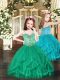 Hot Selling Ball Gowns Little Girl Pageant Dress Turquoise Spaghetti Straps Tulle Sleeveless Floor Length Lace Up