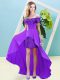 Off The Shoulder Short Sleeves Prom Dress High Low Beading Eggplant Purple Elastic Woven Satin and Sequined