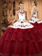 Wine Red Lace Up Halter Top Embroidery and Ruffled Layers Quince Ball Gowns Organza Sleeveless Sweep Train