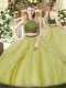 Olive Green Ball Gowns Organza Halter Top Sleeveless Beading and Ruffles Floor Length Zipper Quinceanera Dress