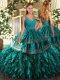 Beauteous Teal Organza Backless 15th Birthday Dress Sleeveless Floor Length Ruffles