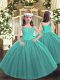 Stunning Floor Length Teal Kids Pageant Dress Straps Sleeveless Lace Up