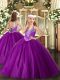 Fancy V-neck Sleeveless Winning Pageant Gowns Floor Length Beading Purple Tulle