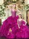 Excellent Fuchsia Ball Gowns Organza Straps Sleeveless Ruffles Floor Length Lace Up Sweet 16 Dress