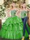 Pretty Strapless Sleeveless Ball Gown Prom Dress Floor Length Beading and Ruffled Layers Green Tulle