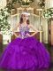 Customized Purple Sleeveless Appliques and Ruffles Floor Length Pageant Gowns For Girls