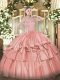 Coral Red Taffeta Zipper Straps Sleeveless Floor Length Ball Gown Prom Dress Beading and Ruffled Layers