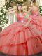 Watermelon Red Organza Zipper 15th Birthday Dress Sleeveless Floor Length Ruffled Layers