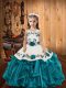 Embroidery and Ruffles Kids Pageant Dress Teal Lace Up Sleeveless Floor Length