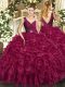 Beading and Ruffles Ball Gown Prom Dress Burgundy Backless Sleeveless Floor Length