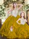 Brown Tulle Lace Up Quince Ball Gowns Sleeveless Floor Length Beading and Ruffles