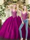 Hot Selling V-neck Sleeveless Lace Up Quince Ball Gowns Fuchsia Tulle