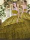 High-neck Sleeveless Quinceanera Gowns Floor Length Beading and Embroidery and Ruffled Layers Olive Green Tulle