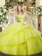Gorgeous Floor Length Zipper Sweet 16 Dress Yellow Green for Military Ball and Sweet 16 and Quinceanera with Ruffled Layers