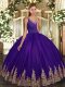 Eggplant Purple Ball Gowns Appliques Ball Gown Prom Dress Backless Tulle Sleeveless Floor Length