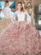 Fabulous Scoop Long Sleeves Lace and Fabric With Rolling Flowers 15th Birthday Dress Beading and Ruffles Brush Train Lace Up