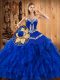 Colorful Blue Satin and Organza Lace Up Vestidos de Quinceanera Sleeveless Floor Length Embroidery and Ruffles