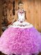 Modest Rose Pink Ball Gowns Embroidery Quince Ball Gowns Lace Up Fabric With Rolling Flowers Sleeveless Floor Length