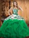 Sleeveless Floor Length Embroidery and Ruffles Lace Up Quince Ball Gowns with Turquoise