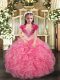 Coral Red Straps Neckline Beading and Ruffles Pageant Gowns For Girls Sleeveless Lace Up
