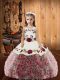 Sleeveless Fabric With Rolling Flowers Floor Length Lace Up Little Girls Pageant Dress in Multi-color with Embroidery and Ruffles