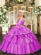 Affordable Lilac Ball Gowns Organza V-neck Sleeveless Beading and Ruffled Layers Floor Length Lace Up Little Girls Pageant Dress