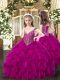 Sleeveless Organza Floor Length Lace Up Pageant Dress for Teens in Fuchsia with Beading and Ruffles