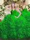 Glittering Green Fabric With Rolling Flowers Zipper V-neck Sleeveless Floor Length Sweet 16 Quinceanera Dress Ruffles
