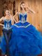 Blue Sleeveless Floor Length Embroidery and Ruffles Lace Up 15th Birthday Dress